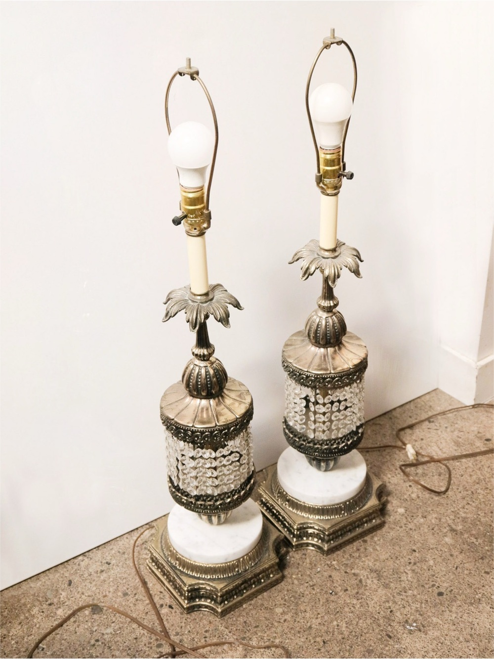 Ornate Crystal Accent Table Lamp Pair in Brass and White
